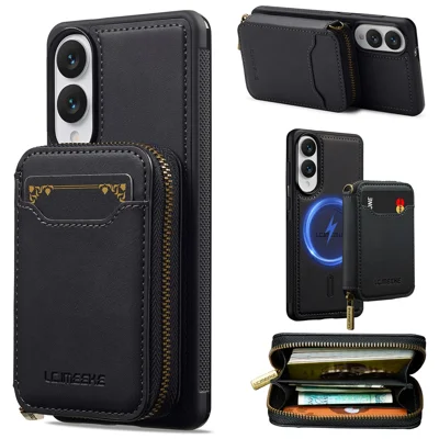 LC.IMEEKE L6 For Samsung Galaxy S25 Edge Magnetic Case Detachable Zipper Wallet Leather Coated PC + TPU Phone Cover - Black