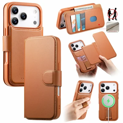 CASENEO For iPhone 18 Pro Max / 17 Pro Max Magnetic Case RFID Blocking Wallet Detachable Leather Phone Cover with Wristband - Brown