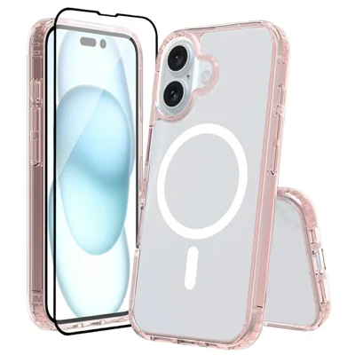 Hoesje voor iPhone 16, compatibel met MagSafe, transparant hoesje van PC + TPU met gehard glas screenprotector - Roze