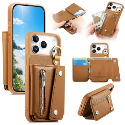 For iPhone 17 Pro Max Case D-Ring Holder Leather + PC + TPU Phone Cover with Wallet Kickstand - Brown