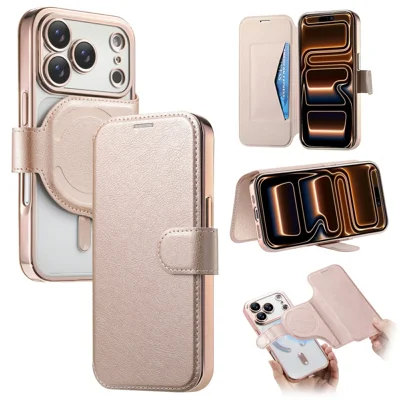 For iPhone 18 Pro Max / 17 Pro Max Case Compatible with MagSafe Detachable Leather Phone Cover with Lens Film - Rose Gold