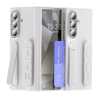 For Samsung Galaxy Z Fold7 5G Case Kickstand Wristband PC Phone Cover with Card Holder - White