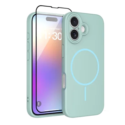 For iPhone 17 Magnetic Case PC + TPU Phone Cover with Tempered Glass Screen Film - Blue