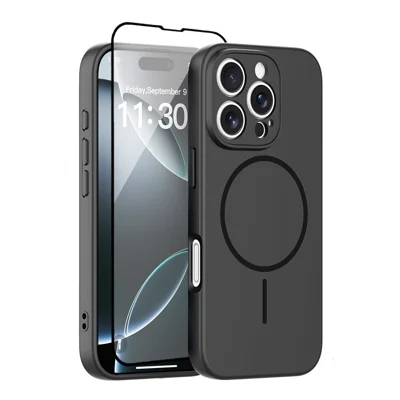 For iPhone 16 Pro Magnetic Case PC + TPU Phone Cover with Tempered Glass Screen Film - Black