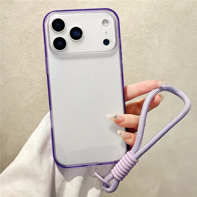 For iPhone 18 Pro Max / 17 Pro Max Case 3 in 1 Clear Shockproof TPU PC Phone Back Cover with Wrist Strap - Purple