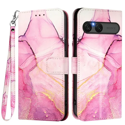 Fodral för Sony Xperia 10 VII med rem, marmormönster, läder, telefonfodral med kortficka - Rosa / Lila / Guld LS001