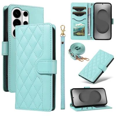 For Samsung Galaxy S26 Ultra Wallet Case Rhombus Leather Phone Cover with Strap - Green