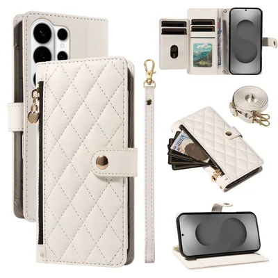 For Samsung Galaxy S26 Ultra Wallet Case with Straps, Rhombus Leather Stand Phone Cover - White