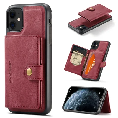 JEEHOOD For iPhone 11 Case  J01 Retro Leather Phone Back Cover with Detachable Magnetic Card Holder - Red
