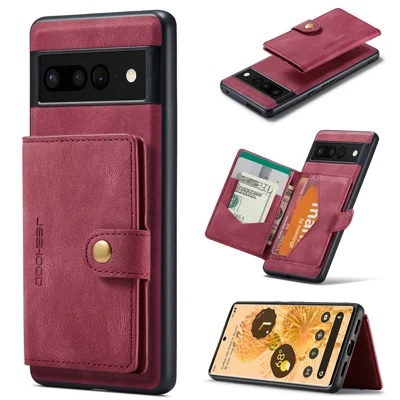 JEEHOOD For Google Pixel 7 5G Case  J01 Retro Leather Phone Back Cover with Detachable Magnetic Card Holder - Red