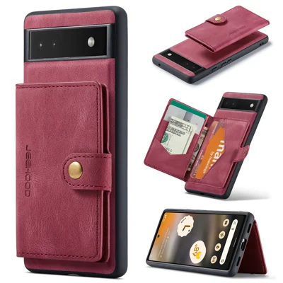 JEEHOOD For Google Pixel 6a Case  J01 Retro Leather Phone Back Cover with Detachable Magnetic Card Holder - Red