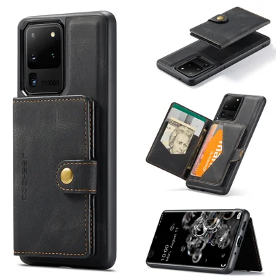 JEEHOOD For Samsung Galaxy S20 Ultra Case  J01 Retro Leather Phone Back Cover with Detachable Magnetic Card Holder - Black