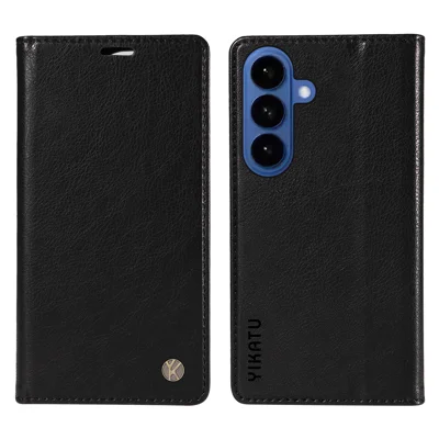 YIKATU For Samsung Galaxy S26 Wallet Case YK-006 Magnetic Closure Leather Phone Cover Litchi Texture - Black