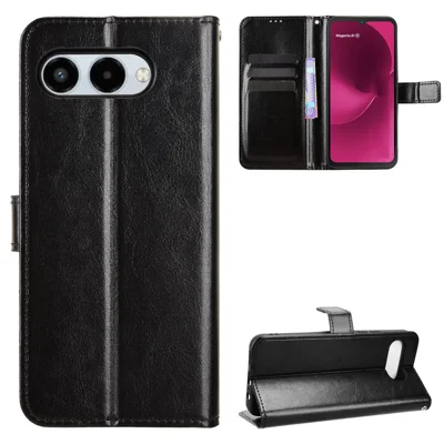 For T-Mobile T Phone 3 / T-Mobile REVVL 8 PU Leather Case with Strap Crazy Horse Texture Phone Wallet Cover - Black