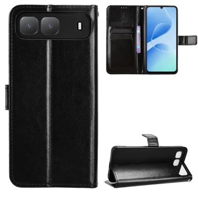 For TECNO Spark Go 5G PU Leather Case with Strap Crazy Horse Texture Phone Wallet Cover - Black
