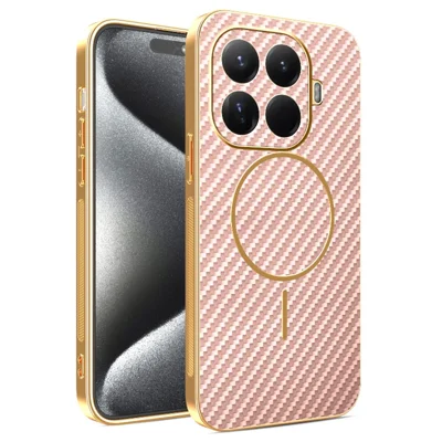 For Xiaomi 15T Pro Phone Case Carbon Fiber Textured Electroplated TPU Back Cover - Pink