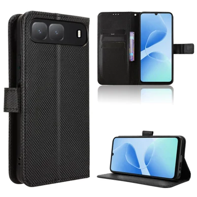 For TECNO Spark Go 5G Leather Wallet Case with Strap Diamond Texture Phone Cover - Black