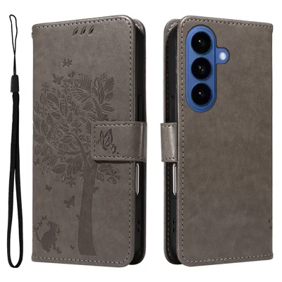 For Samsung Galaxy S27 / S26 Phone Case with Stand Cat Tree Pattern Leather Wallet Mobile Cover - Grey