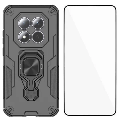 WANLONFENG For Xiaomi Redmi Note 15 Pro 5G (Global) Phone Case PC TPU Back Cover Kickstand with Tempered Glass - Black