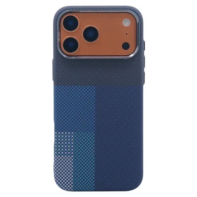 For iPhone 17 Pro Magnetic Case Carbon Fiber Texture Water Transfer PC Phone Cover - Blue Pattern Blocks