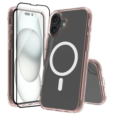 Hoesje voor iPhone 16, compatibel met MagSafe, transparant hoesje van PC + TPU met gehard glas screenprotector - Roze