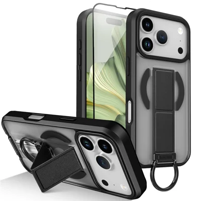 For iPhone 18 Pro Max / 17 Pro Max Magnetic Case Metal D-Ring Kickstand PC + TPU Phone Cover with Tempered Glass Screen Film - Black