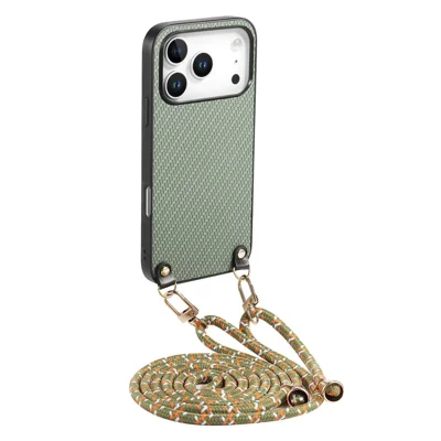 For iPhone 17 Pro Case Carbon Fiber Texture Hybrid Phone Back Cover with Adjustable Strap - Green