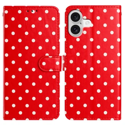 For iPhone 17 Leather Case Polka Dot Pattern Wallet Stand Folio Phone Cover - Red