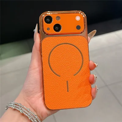 For iPhone 15 Electroplated Phone Case Transfer to 17 Pro Shockproof TPU PU Back Cover - Litchi Texture