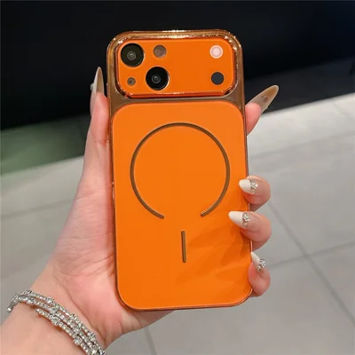 For iPhone 15 Plus Case Electroplated Frosted Shell Transfer to 17 Pro TPU PC Phone Cover - Orange
