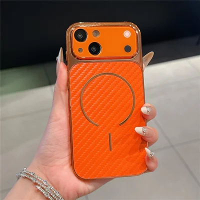 For iPhone 15 Plus Electroplated Phone Case Transfer to 17 Pro Shockproof TPU PU Back Cover - Carbon Fiber Texture