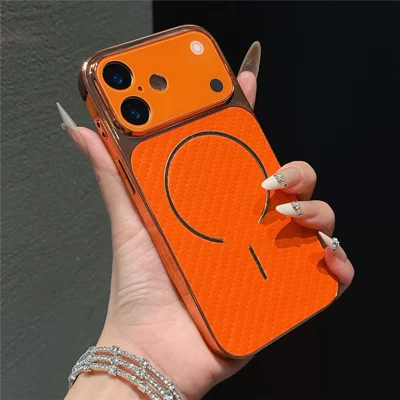 For iPhone 16 Pro Electroplated Phone Case Transfer to 17 Pro Shockproof TPU PU Back Cover - Carbon Fiber Texture