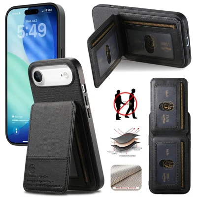 For iPhone Air Case Cloth Texture Leather + PC + TPU RFID Blocking Phone Cover with Card Holder - Black