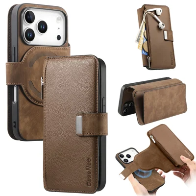 CASENEO MW-02 Til iPhone 17 Pro Max Etui, Aftageligt Magnetisk Læder Flip Telefonbeskyttelse - Brun