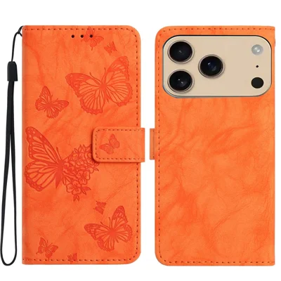 For iPhone 18 Pro Max / 17 Pro Max Leather Case Butterfly Flower Imprinted Wallet Stand Flip Phone Cover with Wrist Strap - Orange