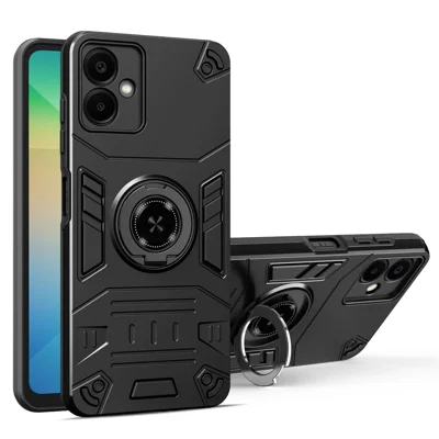 For Samsung Galaxy A06 4G Case with Ring Holder Kickstand PC + TPU Anti-Fall Phone Cover - Black