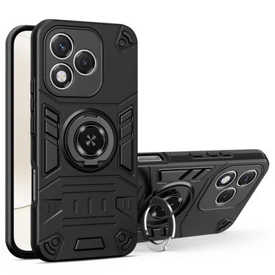 For Honor 400 Lite 5G Case with Ring Holder Kickstand PC + TPU Anti-Fall Phone Cover - Black
