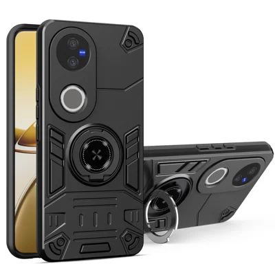 For vivo V50 5G Case with Ring Holder Kickstand PC + TPU Anti-Fall Phone Cover - Black