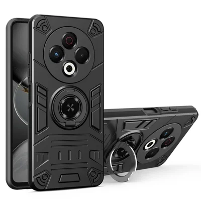 For TECNO Spark 30 5G Case with Ring Holder Kickstand PC + TPU Anti-Fall Phone Cover - Black