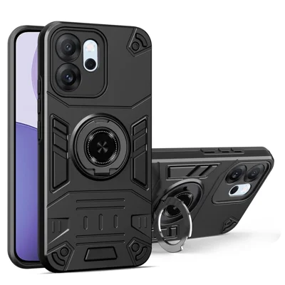 For Oppo Reno14 F 5G Case with Ring Holder Kickstand PC + TPU Anti-Fall Phone Cover - Black