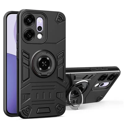 For Oppo Reno14 5G (Global) Case with Ring Holder Kickstand PC + TPU Anti-Fall Phone Cover - Black