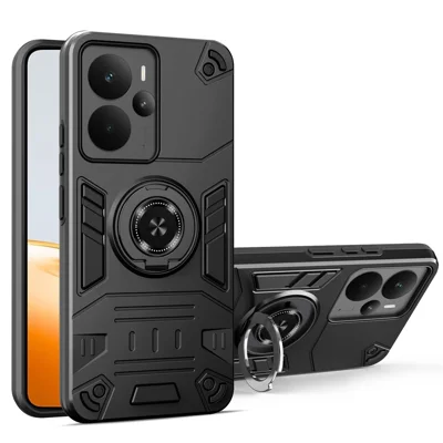 For Realme 14 5G / 14T 5G Case with Ring Holder Kickstand PC + TPU Anti-Fall Phone Cover - Black