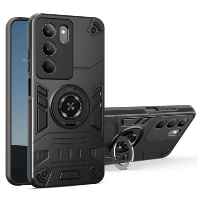 Telefonbeskyttelse til Realme 14x 5G / V60 Pro 5G / P3x 5G PC + TPU mod fald bagside med ringholder og støtteben - Sort