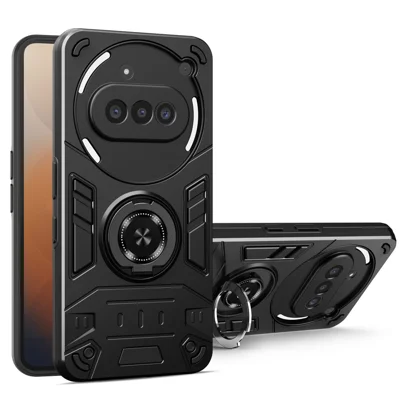 For Nothing Phone (3a) Case with Ring Holder Kickstand PC + TPU Anti-Fall Phone Cover - Black