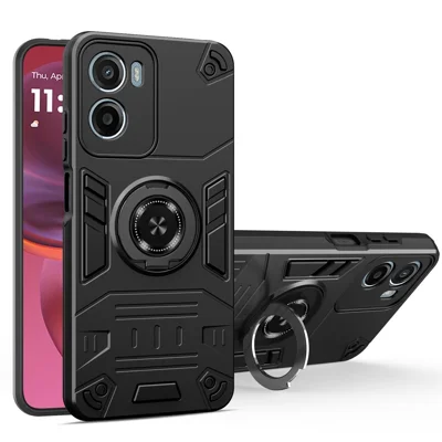 For Motorola Moto G05 4G / E15 4G Case with Ring Holder Kickstand PC + TPU Anti-Fall Phone Cover - Black