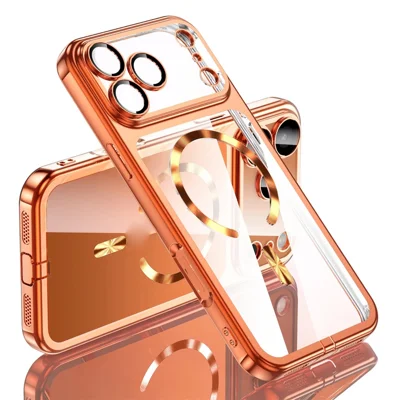 For iPhone 17 Pro Case Electroplating Frame Translucent TPU Phone Cover Compatible with MagSafe - Orange