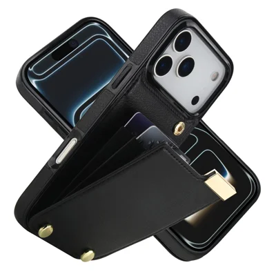For iPhone 17 Pro Max Case TPU + PU Leather Hardware Decor Telefoonhoesje met Kaarthouder - Zwart