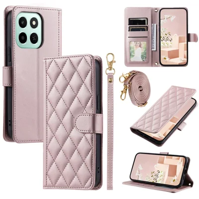 PU Leather Case for Honor X6c 4G / X6b 4G / X6a 4G Wallet Rhombus Grid Phone Cover with Shoulder Strap / Wrist Strap - Rose Gold