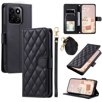 PU Leather Case for Honor X7c 4G / X7c 5G / 200 Smart 5G / Play 60 Plus 5G Wallet Rhombus Grid Phone Cover with Shoulder Strap / Wrist Strap - Black