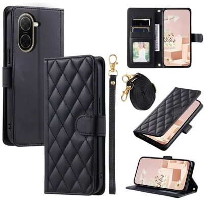 For Xiaomi Redmi A5 4G (171.7mm) / Poco C71 4G Case Wallet Rhombus Grid PU Leather Phone Cover with Shoulder Strap / Wrist Strap - Black